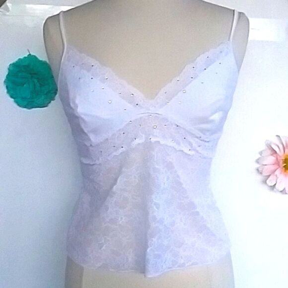 Victoria's Secret Other - Victoria's Secret Camisole White Lace Bejeweled Stretchy Like New Y2K